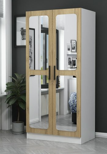 FUNZI LIVING 210 garderobeskab, m. 2 spejllger, 1 hylde, 2 bjlestnger - valnddefarvet og hvid