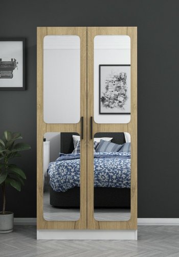 FUNZI LIVING 210 garderobeskab, m. 2 spejllger, 1 hylde, 2 bjlestnger - valnddefarvet og hvid