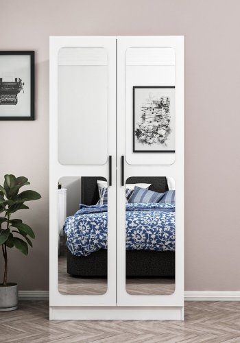 FUNZI LIVING Kales 210 garderobeskab, m. 2 spejllger, 1 hylde, 2 bjlestnger - hvid melamin