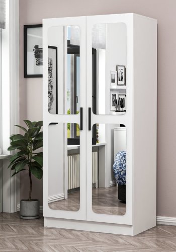 FUNZI LIVING Kales 210 garderobeskab, m. 2 spejllger, 1 hylde, 2 bjlestnger - hvid melamin