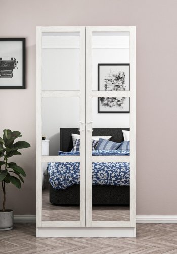 FUNZI LIVING Kales 190 garderobeskab, m. 2 spejllger, 1 hylde, 2 bjlestnger - antik hvid melamin