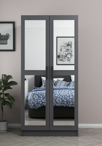 FUNZI LIVING Kales 210 garderobeskab, m. 2 spejllger, 1 hylde, 2 bjlestnger - antracitgr melamin