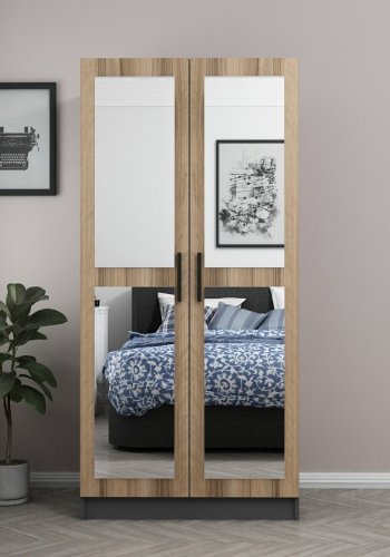 FUNZI LIVING 190 garderobeskab, m. 2 spejllger, 1 hylde, 2 bjlestnger - antracitgr og egefarvet