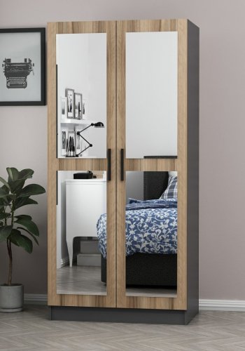 FUNZI LIVING 210 garderobeskab, m. 2 spejllger, 1 hylde, 2 bjlestnger - egefarvet/antracitgr