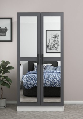 FUNZI LIVING Kales 190 garderobeskab, m. 2 spejllger, 1 hylde, 2 bjlestnger - antracitgr og hvid