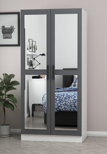 FUNZI LIVING Kales 210 garderobeskab, m. 2 spejllger, 1 hylde, 2 bjlestnger - antracitgr og hvid