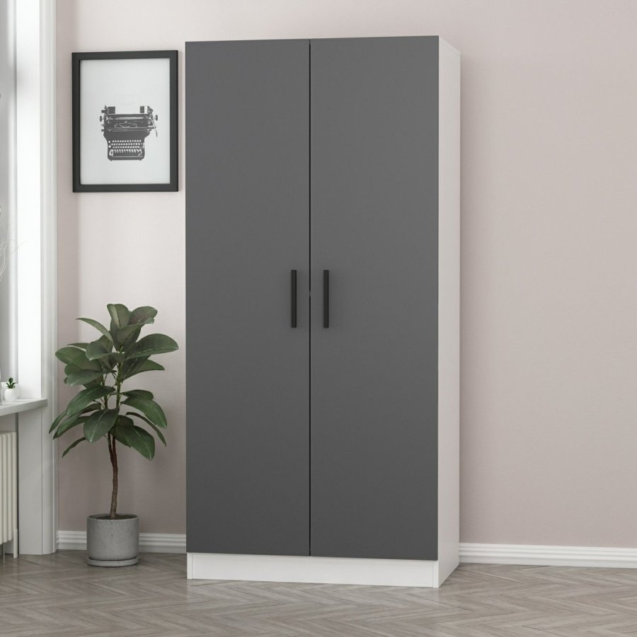 FUNZI LIVING 210 garderobeskab, m. 2 lger, 1 hylde, 2 bjlestnger - antracitgr og hvid melamin