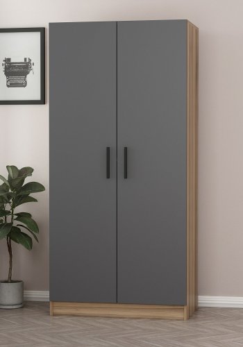 FUNZI LIVING 190 garderobeskab, m. 2 lger, 1 hylde, 2 bjlestnger - antracitgr/egefarvet melamin