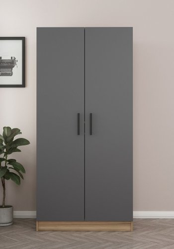 FUNZI LIVING 210 garderobeskab, m. 2 lger, 1 hylde, 2 bjlestnger - antracitgr/egefarvet melamin