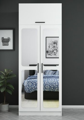 FUNZI LIVING 2221 garderobeskab, m. spejl, 3 lger, 1 hylde, 2 bjlestnger, 1 rum - hvid melamin