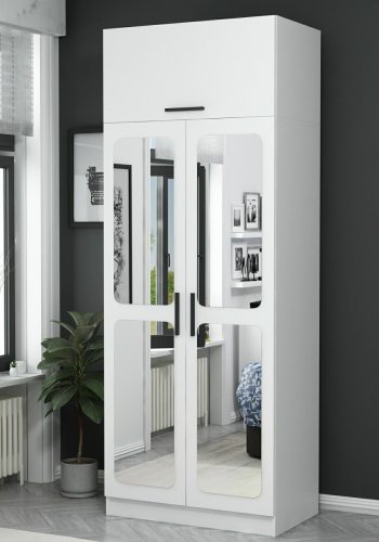 FUNZI LIVING 2221 garderobeskab, m. spejl, 3 lger, 1 hylde, 2 bjlestnger, 1 rum - hvid melamin