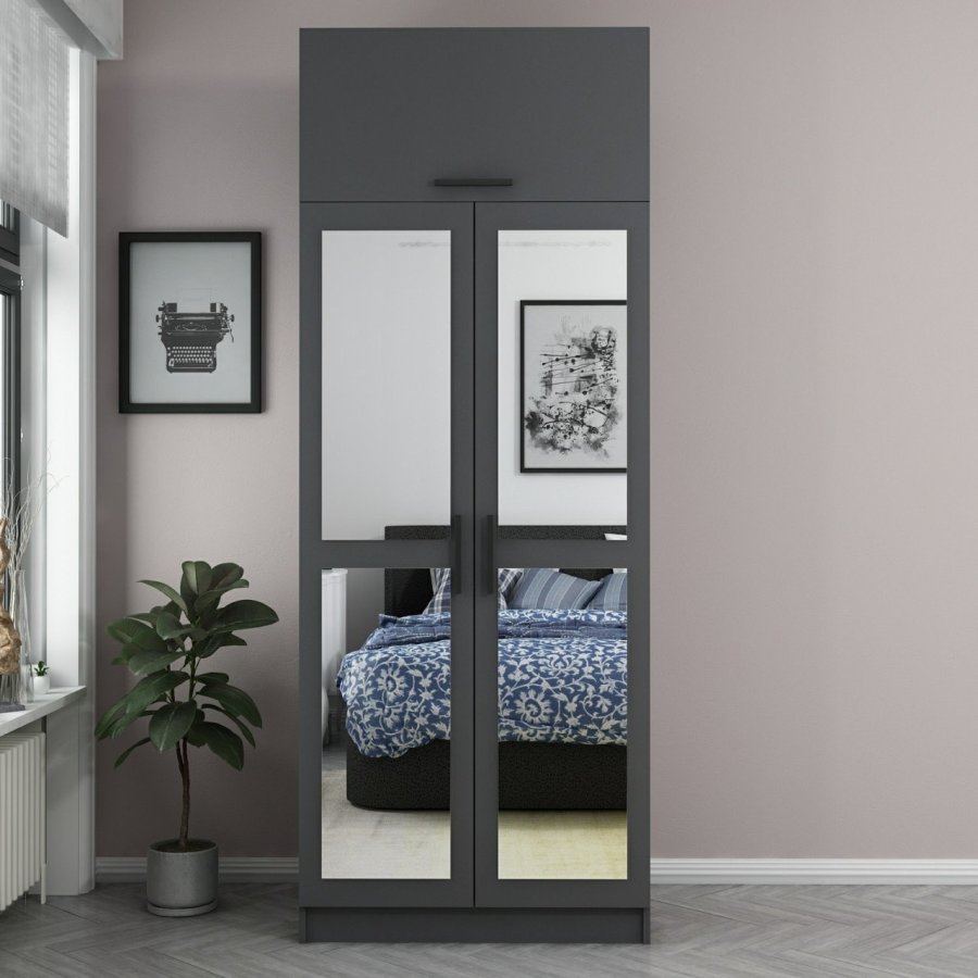 FUNZI LIVING 2223 garderobeskab, m. spejl, 3 lger, 1 hylde, 2 bjlestnger, 1 rum - antracitgr