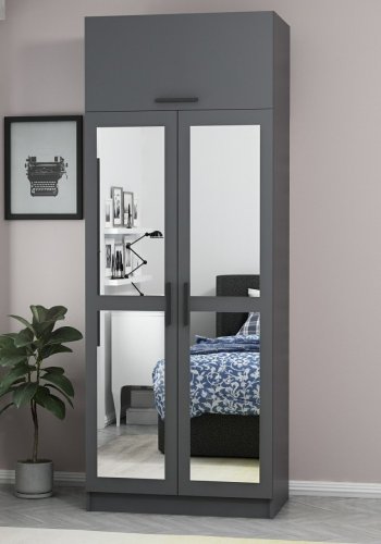 FUNZI LIVING 2223 garderobeskab, m. spejl, 3 lger, 1 hylde, 2 bjlestnger, 1 rum - antracitgr