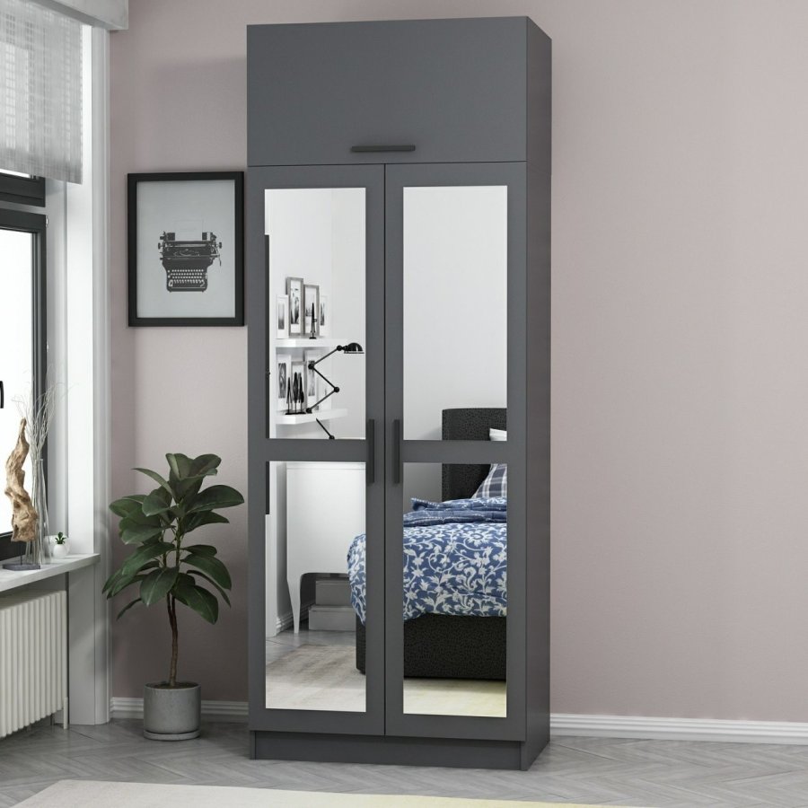 FUNZI LIVING 2223 garderobeskab, m. spejl, 3 lger, 1 hylde, 2 bjlestnger, 1 rum - antracitgr