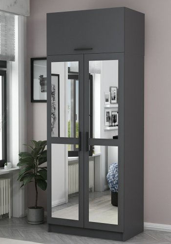 FUNZI LIVING 2224 garderobeskab, m. spejl, 3 lger, 1 hylde, 2 bjlestnger, 1 rum - antracitgr