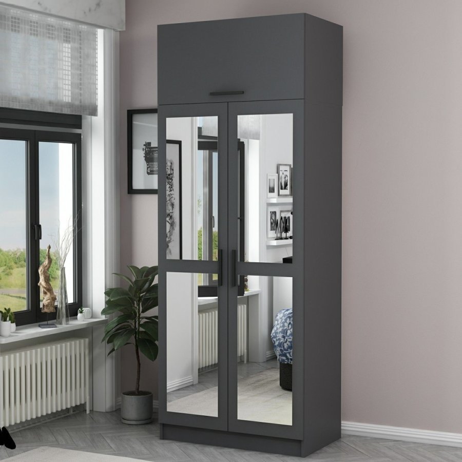 FUNZI LIVING 2224 garderobeskab, m. spejl, 3 lger, 1 hylde, 2 bjlestnger, 1 rum - antracitgr