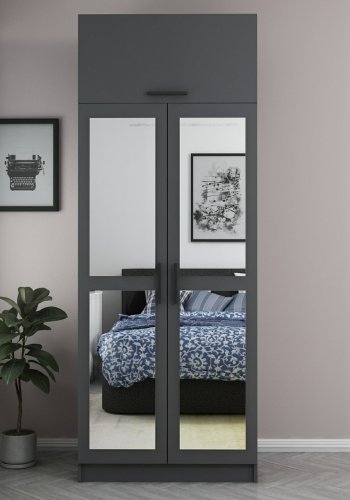 FUNZI LIVING 2224 garderobeskab, m. spejl, 3 lger, 1 hylde, 2 bjlestnger, 1 rum - antracitgr