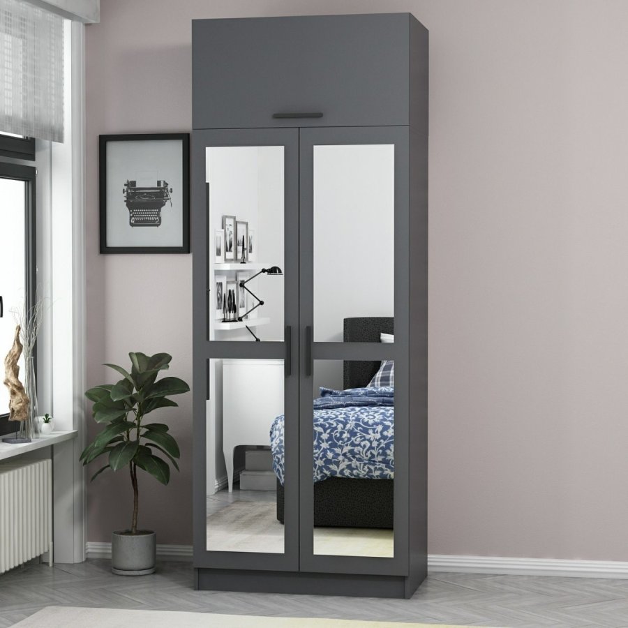 FUNZI LIVING 2224 garderobeskab, m. spejl, 3 lger, 1 hylde, 2 bjlestnger, 1 rum - antracitgr