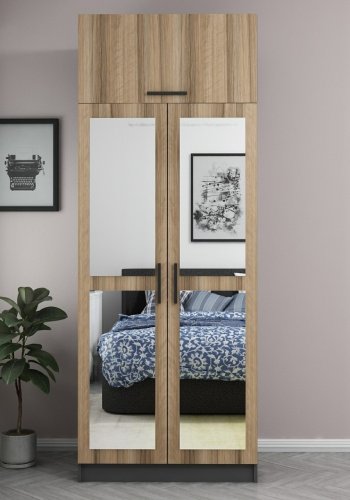 FUNZI LIVING 2225 garderobeskab, m. spejl, 3 lger, 1 hylde, 2 bjlestnger, 1 rum - egetrsfarvet