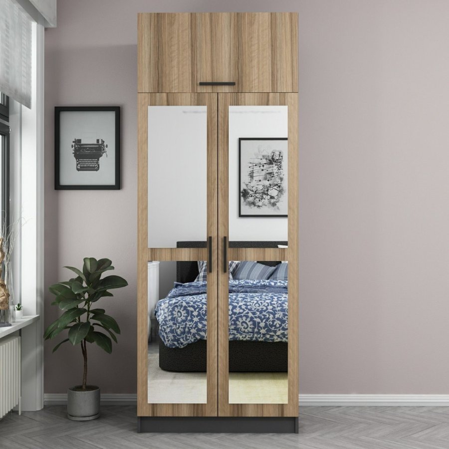 FUNZI LIVING 2225 garderobeskab, m. spejl, 3 lger, 1 hylde, 2 bjlestnger, 1 rum - egetrsfarvet