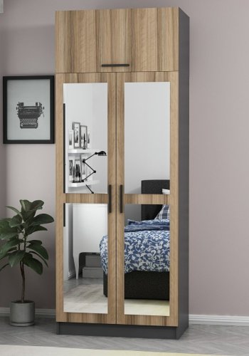 FUNZI LIVING 2225 garderobeskab, m. spejl, 3 lger, 1 hylde, 2 bjlestnger, 1 rum - egetrsfarvet