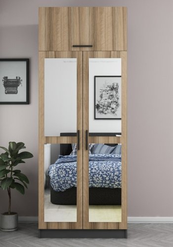 FUNZI LIVING 2226 garderobeskab, m. spejl, 3 lger, 1 hylde, 2 bjlestnger, 1 rum - egetrsfarvet