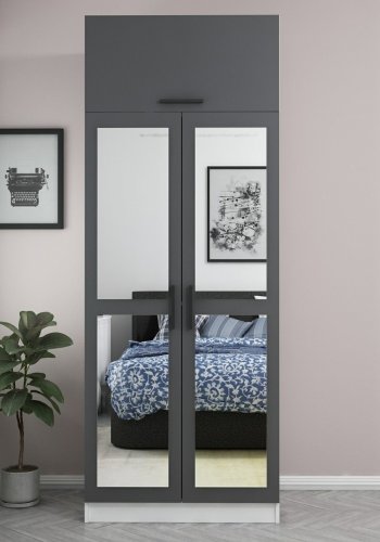 FUNZI LIVING 2228 garderobeskab, m. spejl, 3 lger, 1 hylde, 2 bjlestnger, 1 rum - antracitgr