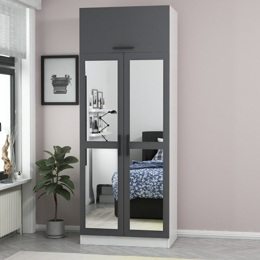 FUNZI LIVING 2228 garderobeskab, m. spejl, 3 lger, 1 hylde, 2 bjlestnger, 1 rum - antracitgr