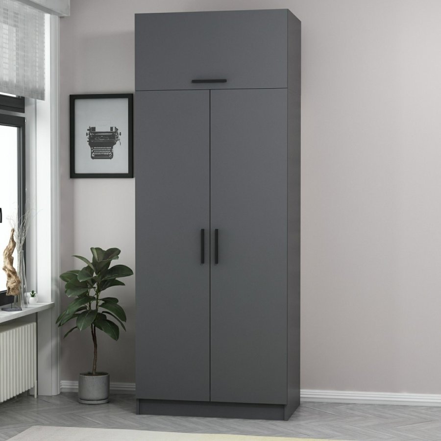 FUNZI LIVING 2229 garderobeskab, m. 3 lger, 1 hylde, 2 bjlestnger, 1 rum - antracitgr melamin