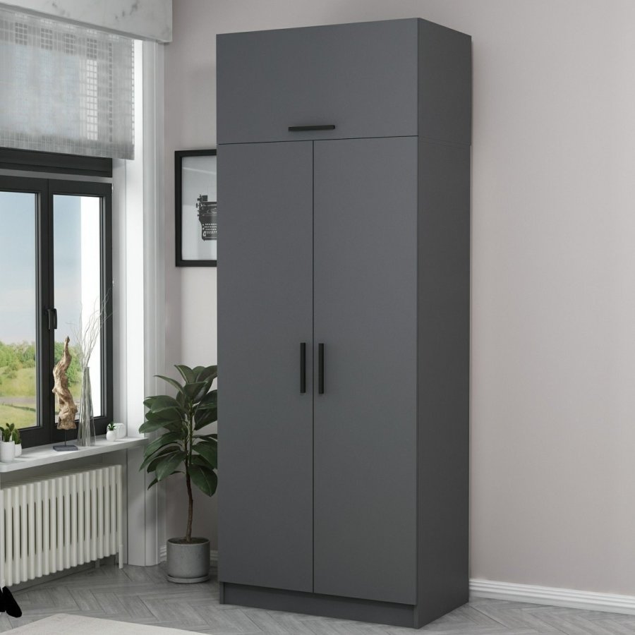 FUNZI LIVING 2230 garderobeskab, m. 3 lger, 1 hylde, 2 bjlestnger, 1 rum - antracitgr melamin