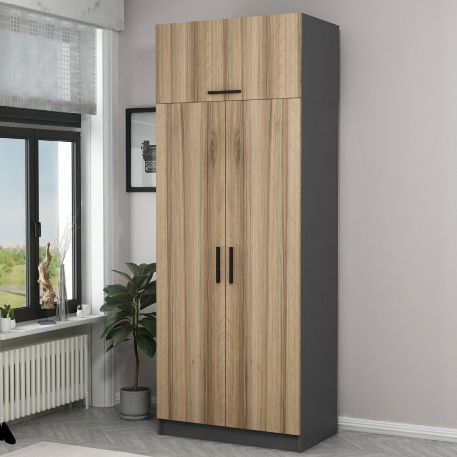 FUNZI LIVING 2231 garderobeskab, m. 3 lger, 1 hylde, 2 bjlestnger, 1 rum - egefarvet/antracitgr