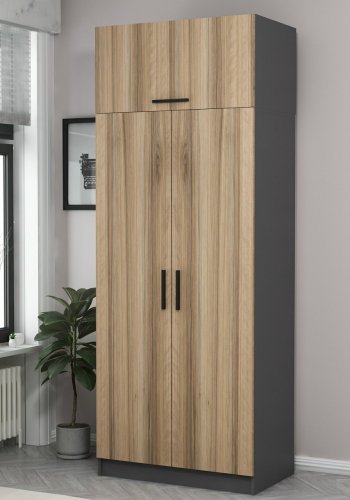 FUNZI LIVING 2232 garderobeskab, m. 3 lger, 1 hylde, 2 bjlestnger, 1 rum - egefarvet/antracitgr