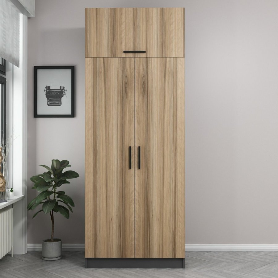 FUNZI LIVING 2232 garderobeskab, m. 3 lger, 1 hylde, 2 bjlestnger, 1 rum - egefarvet/antracitgr