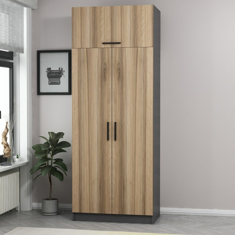 FUNZI LIVING 2232 garderobeskab, m. 3 lger, 1 hylde, 2 bjlestnger, 1 rum - egefarvet/antracitgr