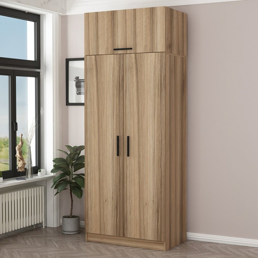 FUNZI LIVING 2237 garderobeskab, m. 3 lger, 1 hylde, 2 bjlestnger, 1 rum - egetrsfarvet melamin