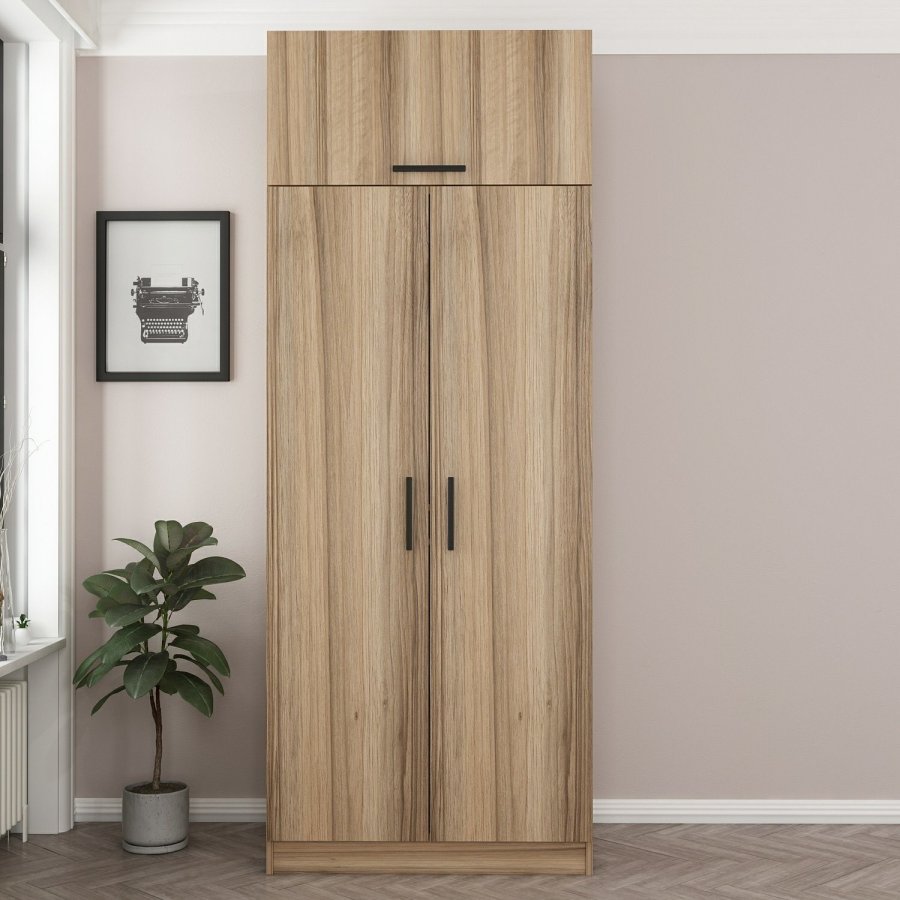 FUNZI LIVING 2238 garderobeskab, m. 3 lger, 1 hylde, 2 bjlestnger, 1 rum - egetrsfarvet melamin