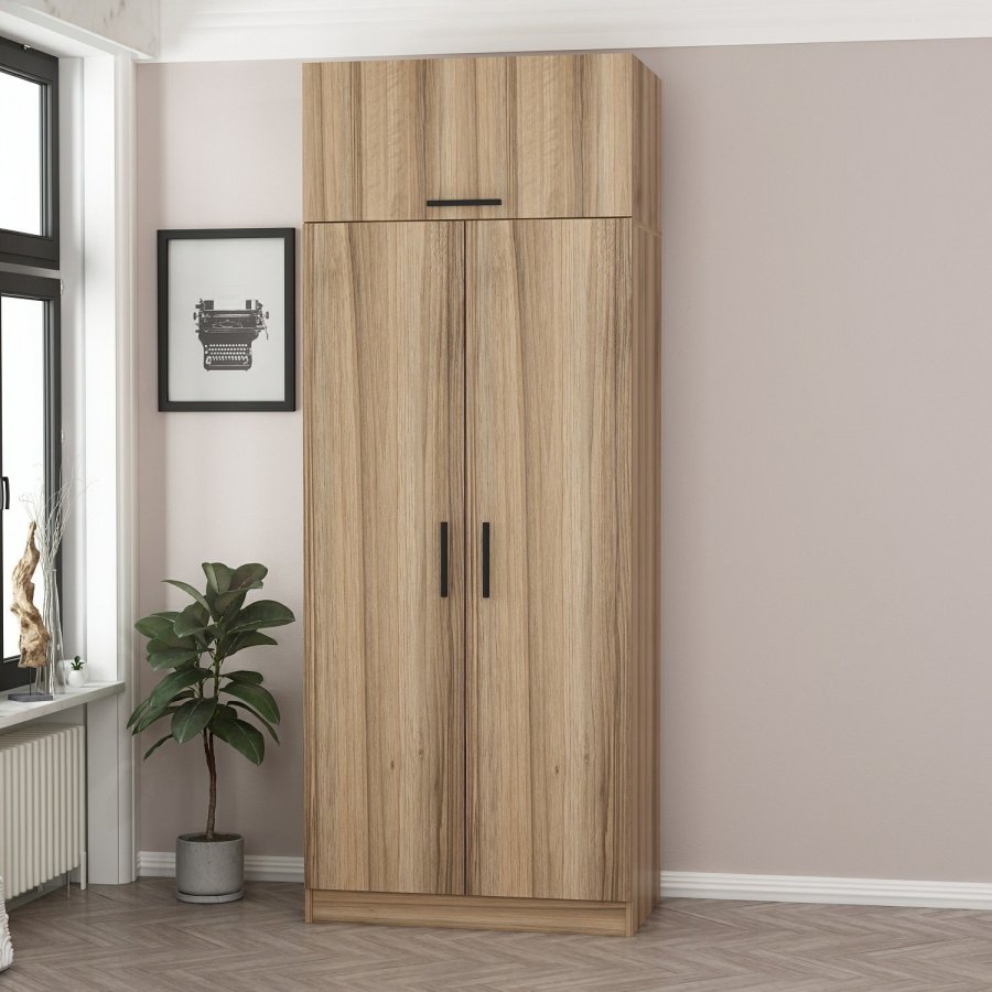 FUNZI LIVING 2238 garderobeskab, m. 3 lger, 1 hylde, 2 bjlestnger, 1 rum - egetrsfarvet melamin