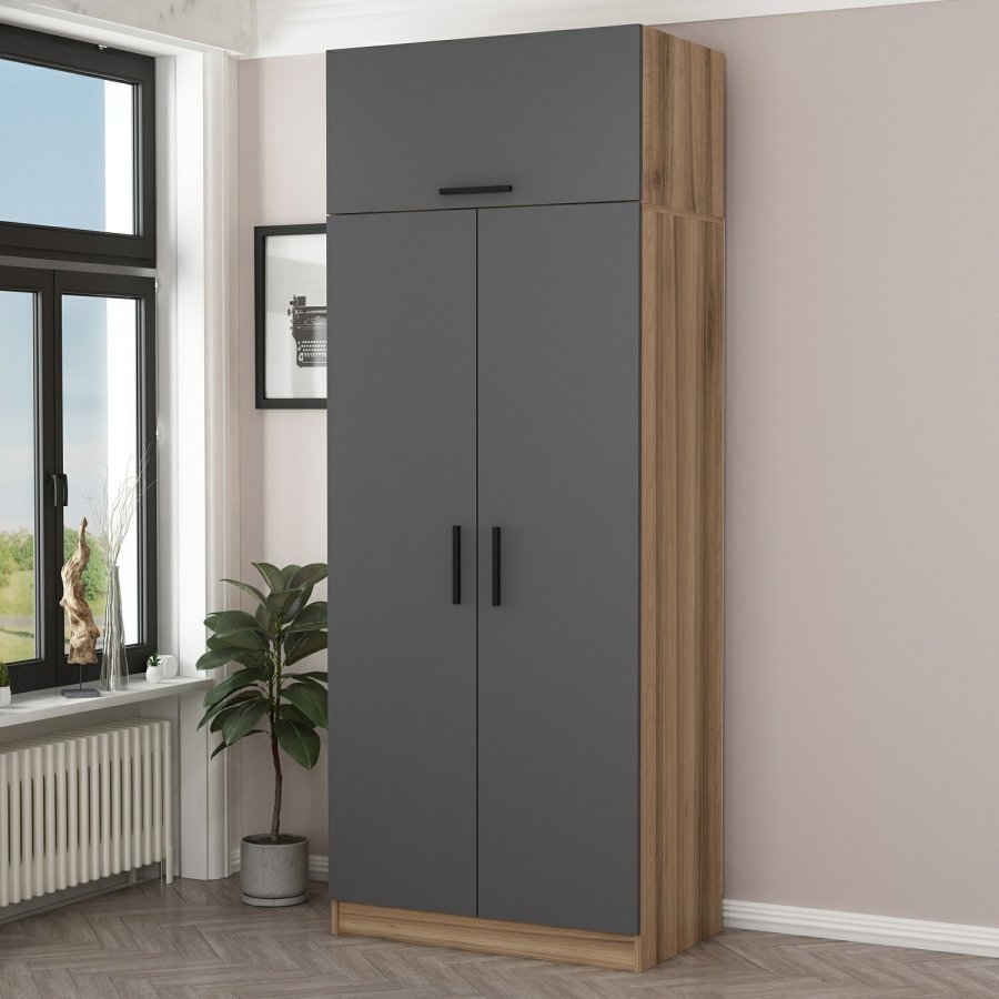 FUNZI LIVING 2239 garderobeskab, m. 3 lger, 1 hylde, 1 rum - antracitgr og brun melamin