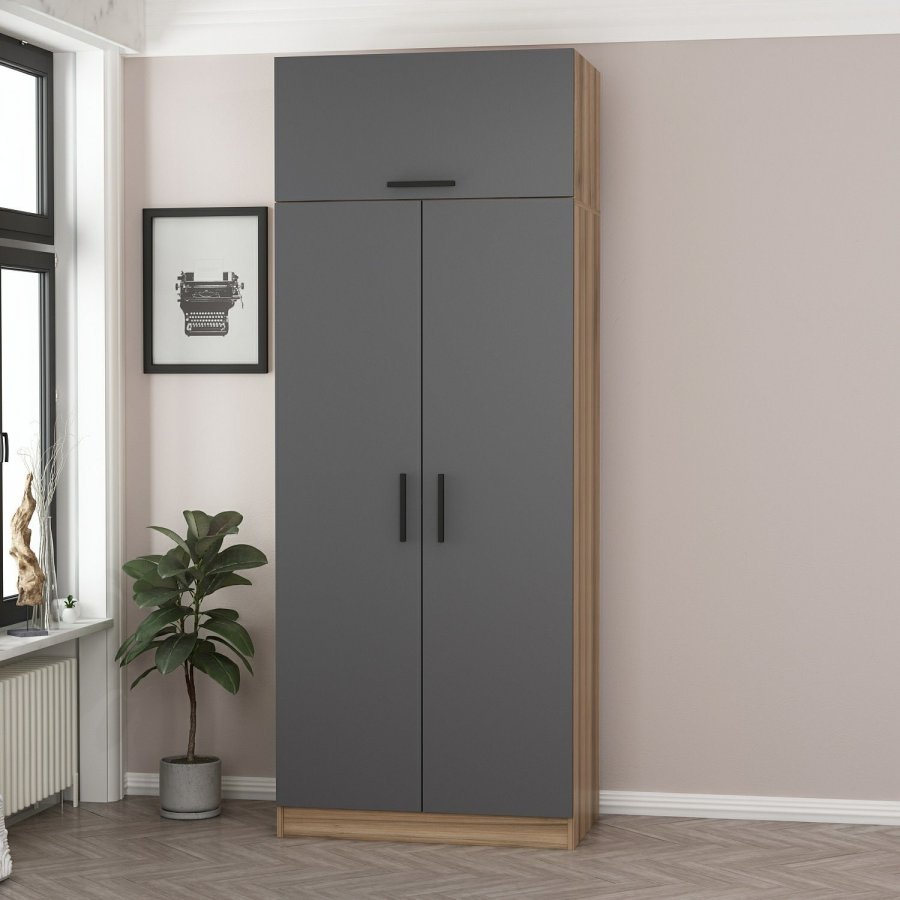 FUNZI LIVING 2239 garderobeskab, m. 3 lger, 1 hylde, 1 rum - antracitgr og brun melamin