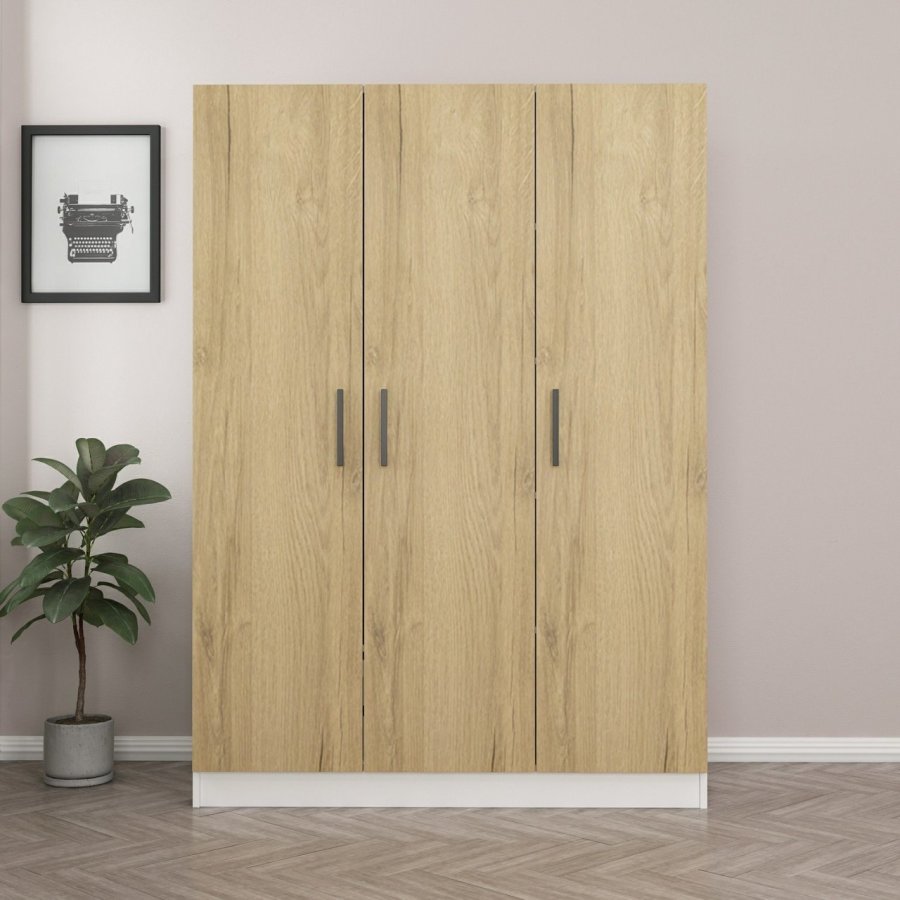 FUNZI LIVING 2243 garderobeskab, m. 3 lger, 1 bjlestang, 2 skuffer, 4 hylder - valnddefarvet/hvid