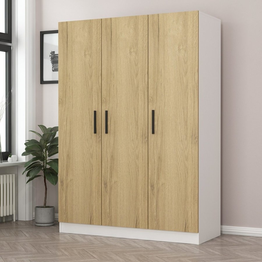 FUNZI LIVING 2243 garderobeskab, m. 3 lger, 1 bjlestang, 2 skuffer, 4 hylder - valnddefarvet/hvid