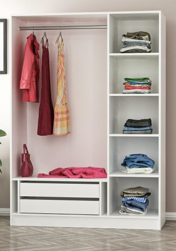 FUNZI LIVING 2243 garderobeskab, m. 3 lger, 1 bjlestang, 2 skuffer, 4 hylder - valnddefarvet/hvid