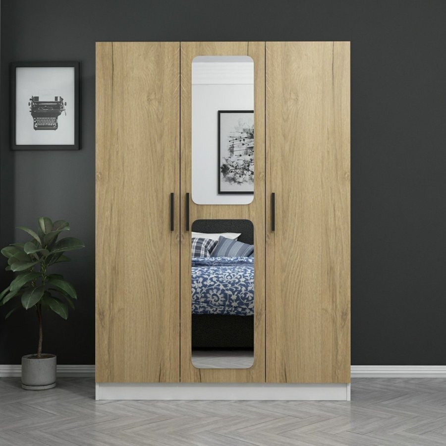 FUNZI LIVING 2245 garderobeskab, spejl, 3 lger, 1 bjlestang, 2 skuffer, 4 hylder - valnddefarvet