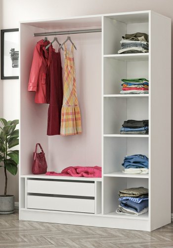 FUNZI LIVING 2245 garderobeskab, spejl, 3 lger, 1 bjlestang, 2 skuffer, 4 hylder - valnddefarvet