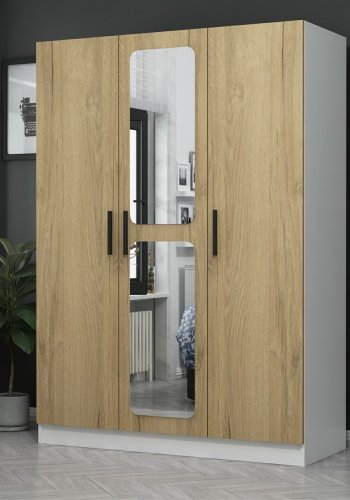 FUNZI LIVING 2246 garderobeskab, spejl, 3 lger, 1 bjlestang, 2 skuffer, 4 hylder - valnddefarvet