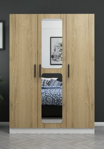 FUNZI LIVING 2246 garderobeskab, spejl, 3 lger, 1 bjlestang, 2 skuffer, 4 hylder - valnddefarvet