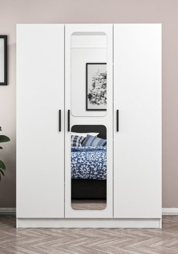 FUNZI LIVING 2251 garderobeskab, m. spejl, 3 lger, 1 bjlestang, 2 skuffer, 4 hylder - hvid melamin