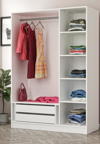 FUNZI LIVING 2251 garderobeskab, m. spejl, 3 lger, 1 bjlestang, 2 skuffer, 4 hylder - hvid melamin