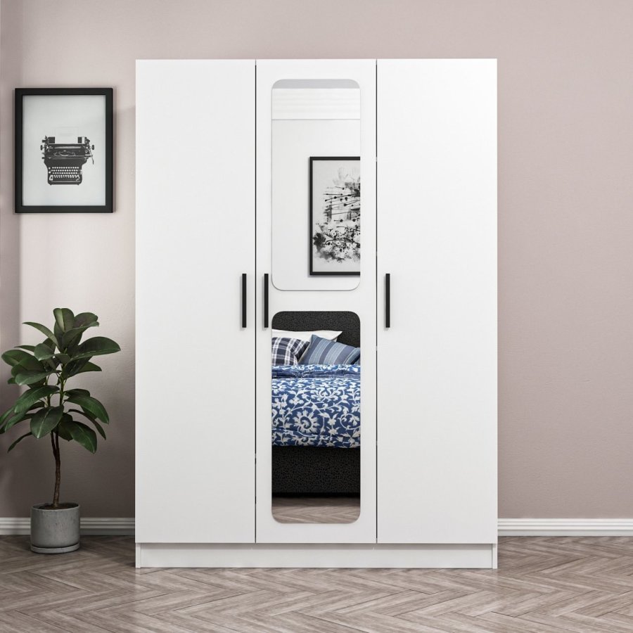 FUNZI LIVING 2252 garderobeskab, m. spejl, 3 lger, 1 bjlestang, 2 skuffer, 4 hylder - hvid melamin