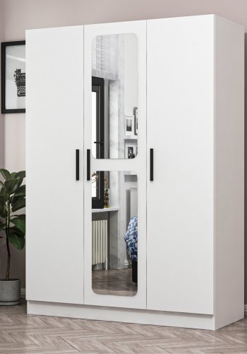 FUNZI LIVING 2252 garderobeskab, m. spejl, 3 lger, 1 bjlestang, 2 skuffer, 4 hylder - hvid melamin